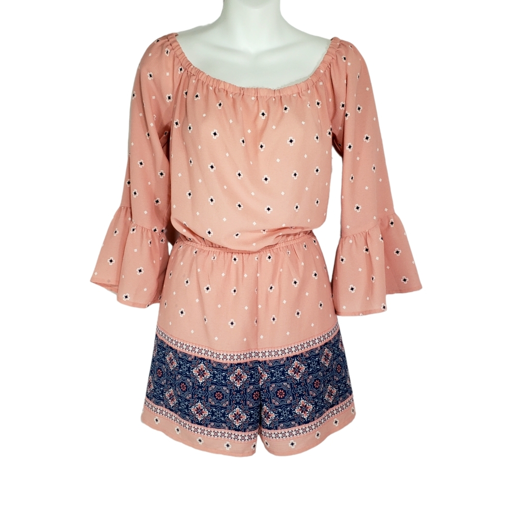 Design Lab Floral Boho Bell Sleeve Romper Pink Blue Size Large